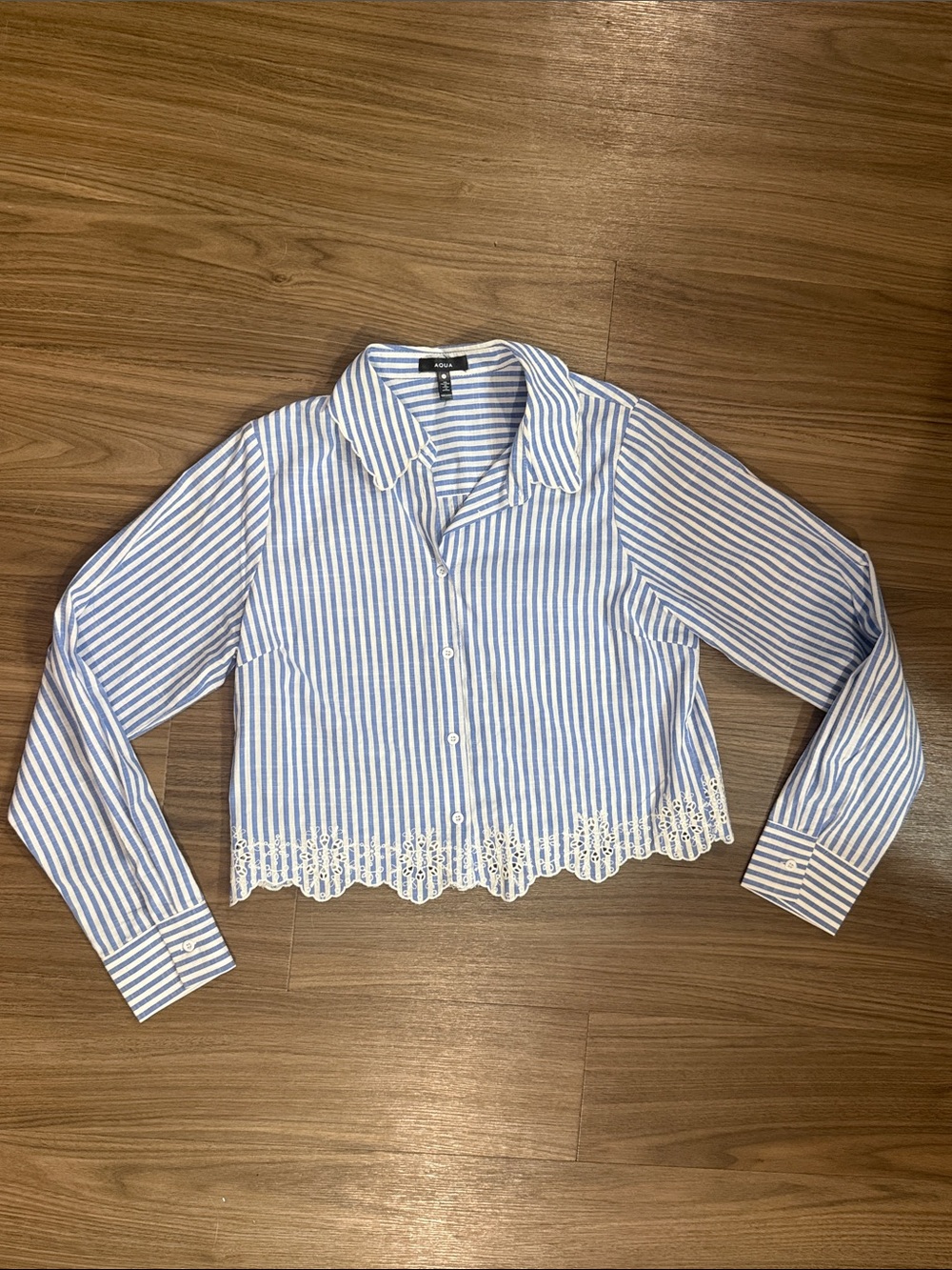 Aqua Striped Blue & White Button-Up Crop Shirt with Lace Trim